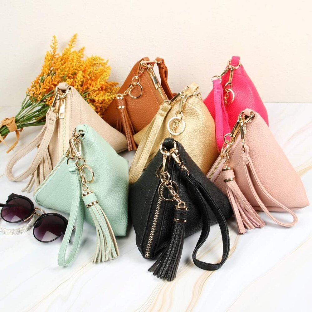 Triangle Vegan Leather Wristlet Clutch Pink Detachable Strap Tassel - Picture 6 of 6